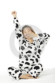 Asian woman wearing a pajamas on white backround