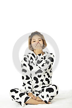 Asian woman wearing a pajamas on white backround