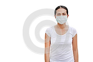 Asian woman wearing protective mask to protect virus, pollution and the flu isolated on white background