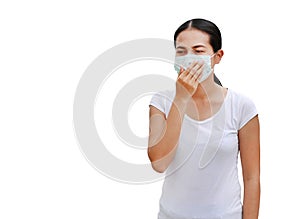 Asian woman wearing protective mask to protect virus, pollution and the flu isolated on white background