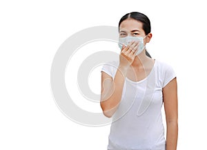 Asian woman wearing protective mask to protect virus, pollution and the flu isolated on white background