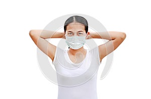 Asian woman wearing protective medical mask to protect covod-19, virus, pollution and the flu isolated on white background