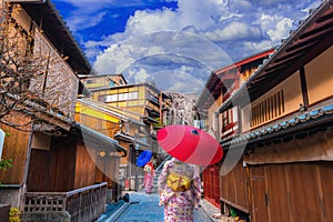 Asian Woman Wearing  Traditional Kimono visit Historic Higashiyama district, Kyoto in Japan