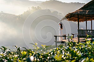 Asian woman wearing Vietnam culture traditional in green tea field on Doi Ang Khang , Chiang Mai, Thailand. photo