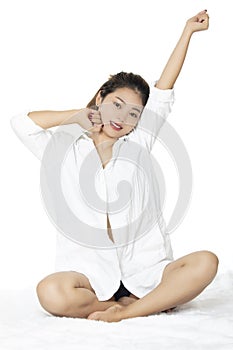 Asian woman wearing a white shirt on white backround