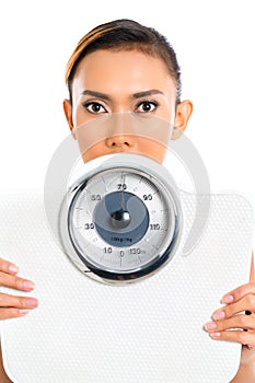 Asian woman with weight scale