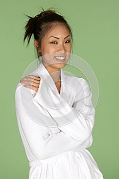 Asian Woman in White Bath Robe