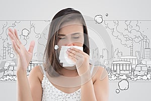 Asian woman in white dress catch her nose because of a bad smell