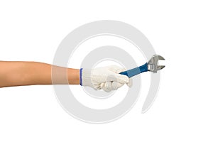Asian woman worker with protective gloves hand holding wrench isolated on white