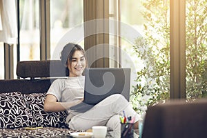 Asian woman working online at home concept.