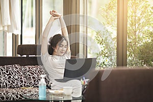 Asian woman working online at home concept.