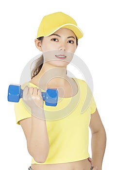 Asian woman working out using dumbbell weights isolated on white background