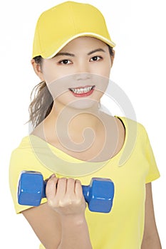 Asian woman working out using dumbbell weights isolated on white background