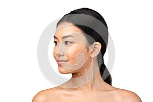 Asian Woman& x27;s Face Portrait With Lifting Arrows On White Background