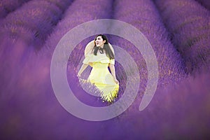 Asian woman in yelllow dress is enjoy walking into Lavender plantation field during summer time