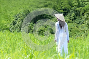 Asian women with Ao-Dai Vietnam traditional dress costume woman walking