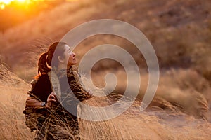 Asian Women hiker or traveler with backpack adventure walking relax in the field meadow outdoor for education and explore nature o