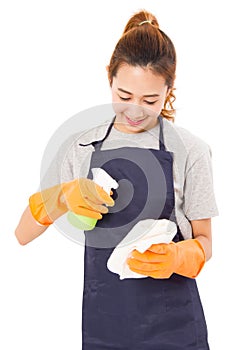 Asian Women Housewife With Cleaning Cloth And Spray Bottle.