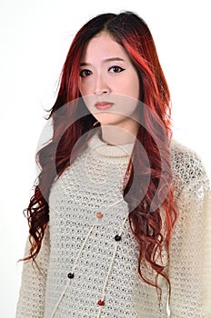 Asian women red long hair in modern fashion
