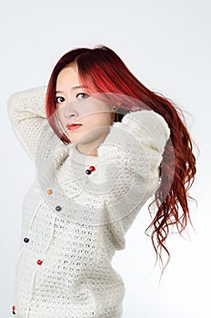 Asian women red long hair in modern fashion