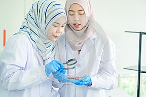 Asian women scientist with test tube making research in clinical laboratory.Science Oil pouring, Formulating the chemical for