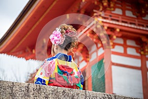 Asian women in traditional japanese kimonos at Kiyomizu dera