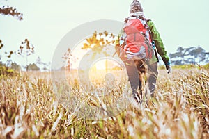 Asian women travel  nature. Travel relax.Backpack walk on the meadow in the forest. Thailand