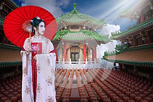 Asian women wearing national clothes Visit Sanfeng Temple in Kaohsiung,Taiwan photo