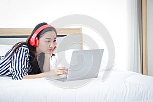 Asian women Work from home Sleep, relax, watch movies