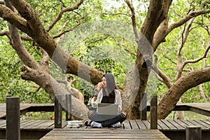 Asian women working and drinking coffee after education nature and forest input the laptop under big tree. The mangrove forest nur