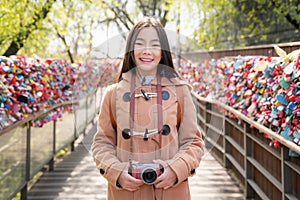 Asian wonan traveler visit Seoul N tower park and enjoy key and lock icom in this point