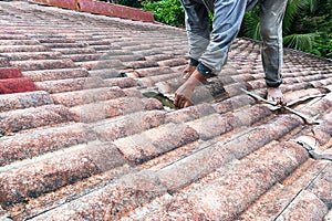 Asian worker replacing roof tiles of old residential building