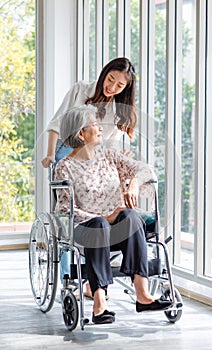 Asian young beautiful cheerful female granddaughter smiling helping pushing old senior healthy gray hair retired pensioner