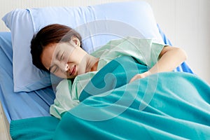 An asian young beautiful female patient has stomachache or period pain and feel unwell while lying on bed in hospital. Medical