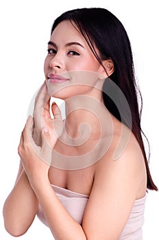 Asian young beautiful woman smiling and touching her face, isolated over white background. natural makeup, SPA therapy, skincare,