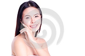 Asian young beautiful woman smiling and touching her face, isolated over white background. natural makeup, SPA therapy, skincare,