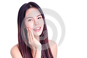 Asian young beautiful woman smiling and touching her face, isolated over white background. natural makeup, SPA therapy, skincare,