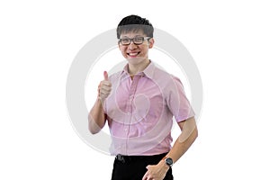 Asian young businessman has standing with thumbs up on isolated on wihte background