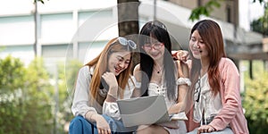 Asian young campus student enjoy learn study and reading books together. Friendship and Education concept. Campus school