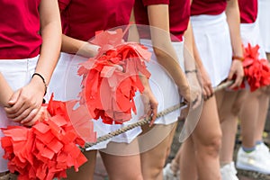 Asian young cheerleader group closeup with legs standing on row
