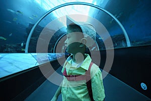 Asian young child standing in underwater tunnel at the aquarium. Kids looking excited and fun to see fish