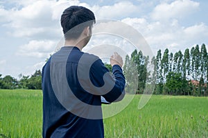 Asian young farmer using tablet at the green rice field. Use technology in the farm concept.Rice field and sky background with sun