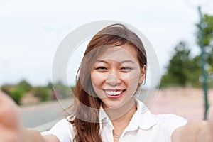 Asian Young Girl Taking Selfie Photo Beautiful Happy Smiling Woman Image
