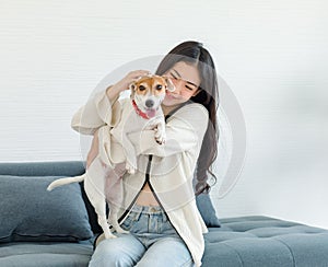 Asian young happy cheerful female owner sitting smiling on cozy sofa couch playing hugging cuddling with best friend small