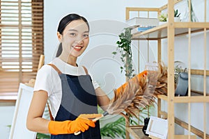 Asian young housework cleaning working in the house. The woman cleans the shelf wodd with feather duster