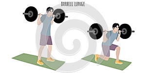 Asian young man doing barbell lunge exercise