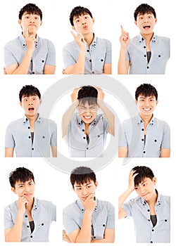 Asian young man face expressions composite isolated on white