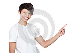 Asian young man with finger point up