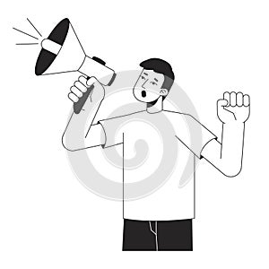 Asian young man shouting megaphone flat line black white vector character