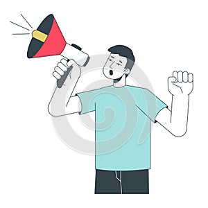 Asian young man shouting megaphone flat line color vector character